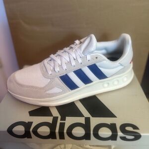 Men’s Adidas White and Blue Sneakers with Classic Stripes size 10.5 NEW w tags